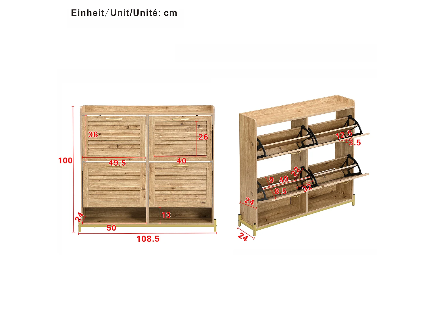 Skoskåp 108,5x24x100 cm - med 4 dörrar - metallram - överhylla - MDF - Naturlig