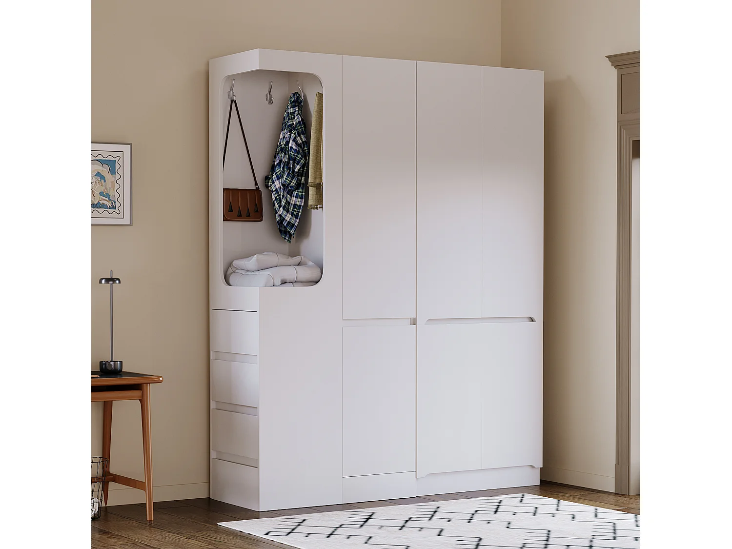 Kleiderschrank 140x40x170 cm - mit 4 Schubladen - mit Staufächern - mit Türen - weiß