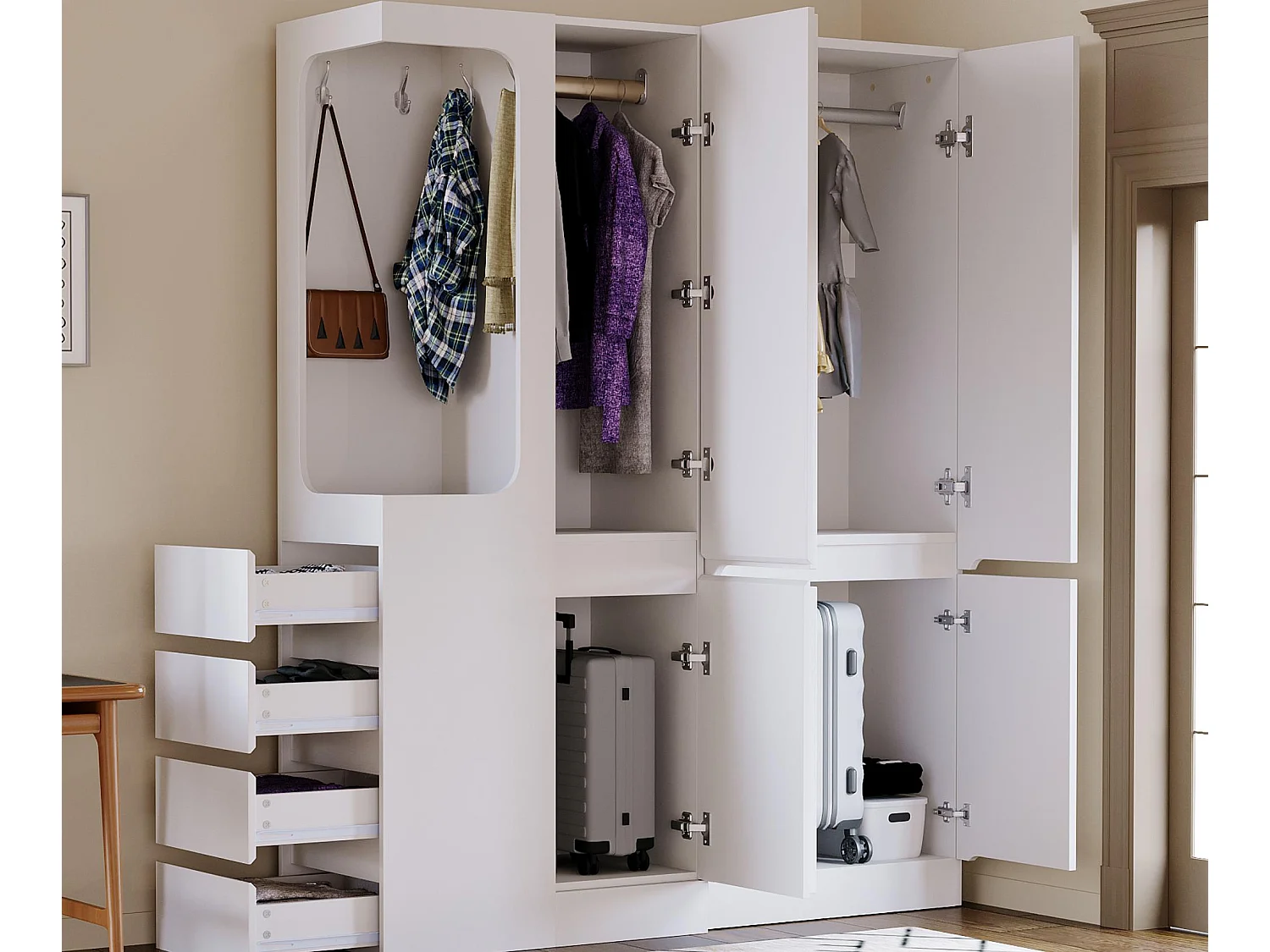 Armoire 140x40x170 cm - avec 4 tiroirs - avec compartiments de rangement - avec portes - blanc