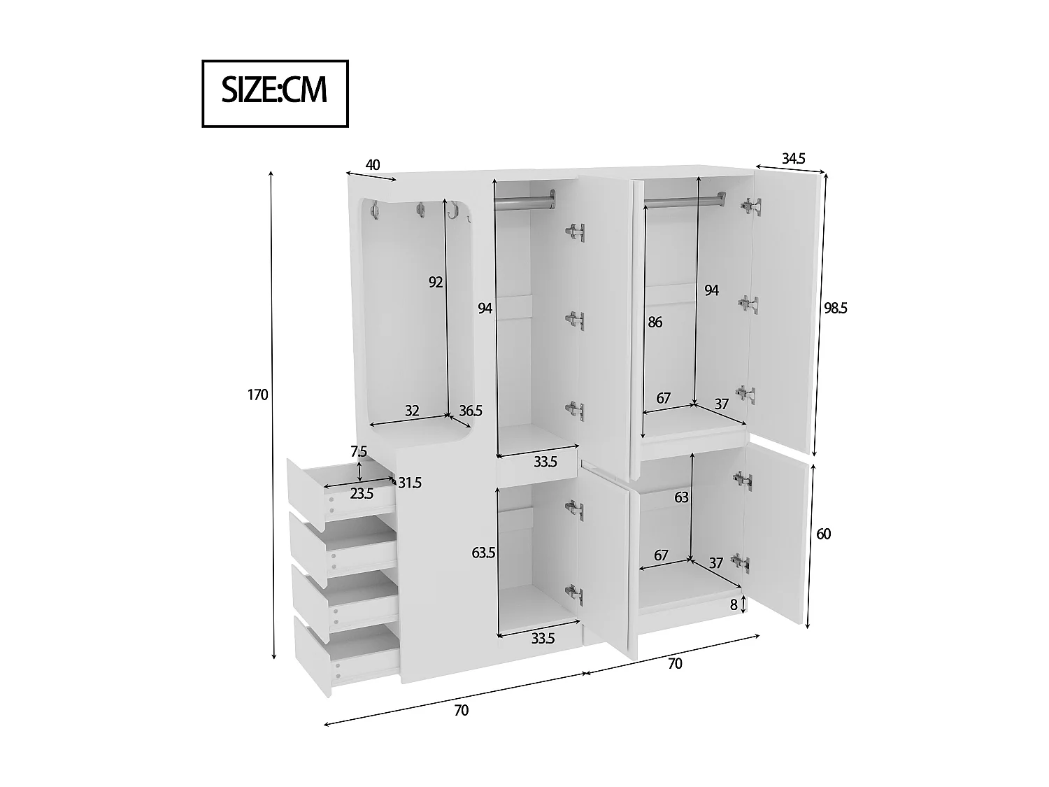 Armoire 140x40x170 cm - avec 4 tiroirs - avec compartiments de rangement - avec portes - blanc