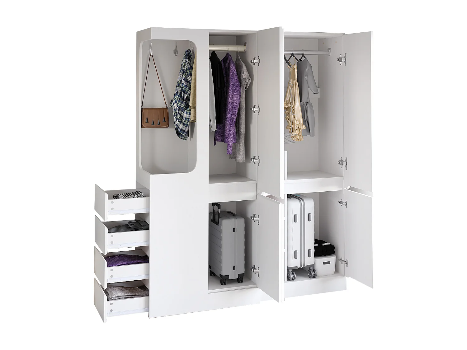Armoire 140x40x170 cm - avec 4 tiroirs - avec compartiments de rangement - avec portes - blanc
