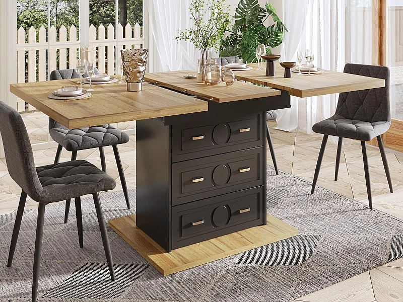 Table à manger extensible 110/140x80x75 cm - Pour 6 personnes - 1 porte - 2 tiroirs - MDF + métal - Noir