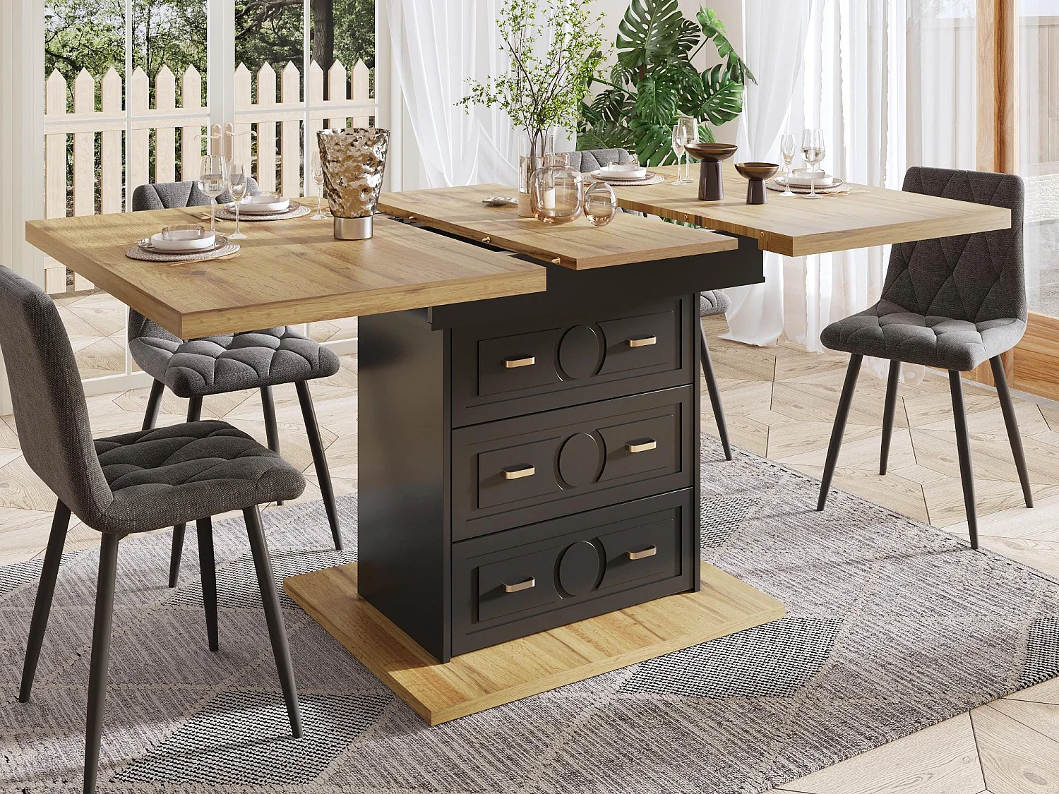 Table à manger extensible 110/140x80x75 cm - Pour 6 personnes - 1 porte - 2 tiroirs - MDF + métal - Noir