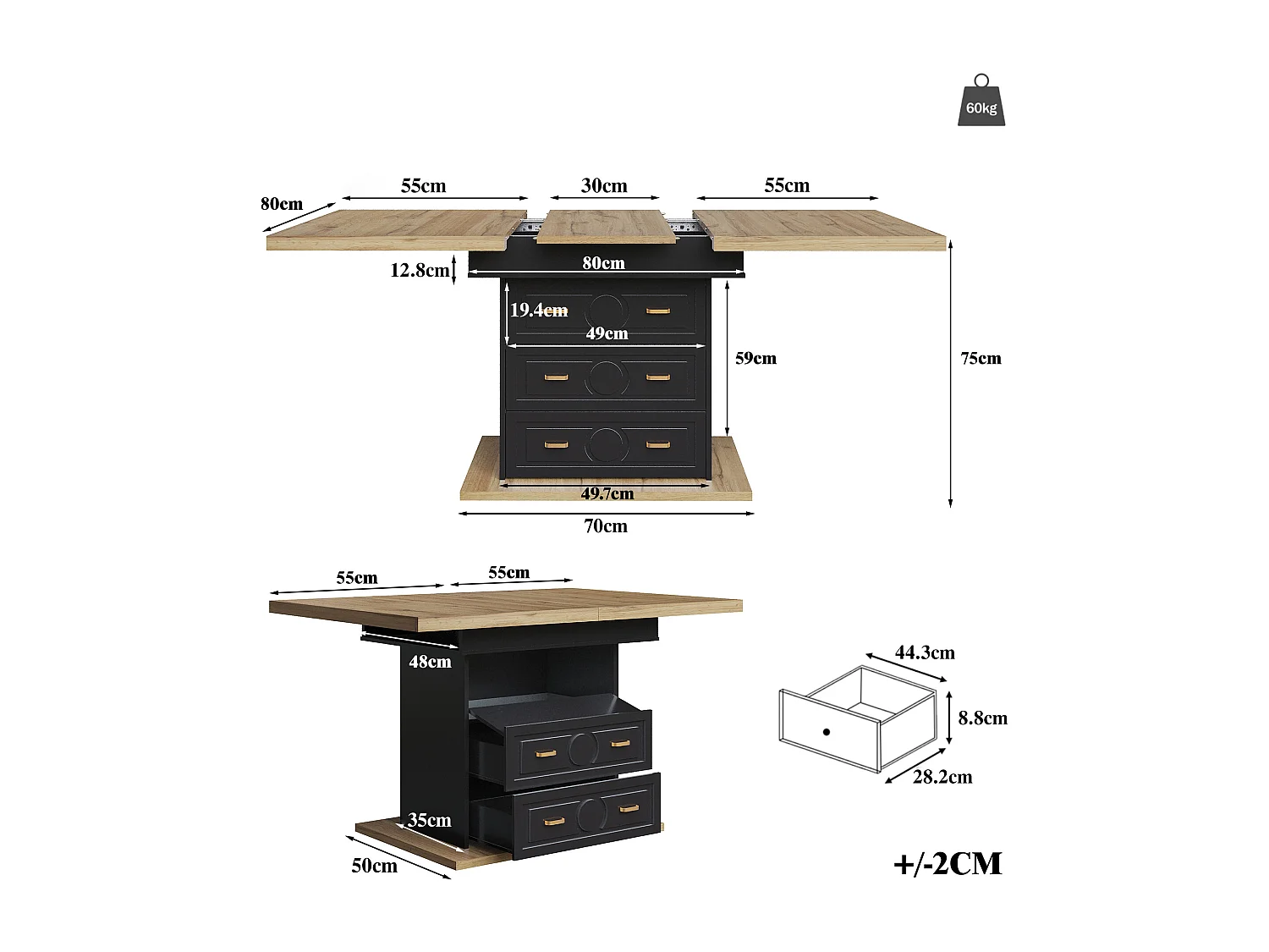 Table à manger extensible 110/140x80x75 cm - Pour 6 personnes - 1 porte - 2 tiroirs - MDF + métal - Noir