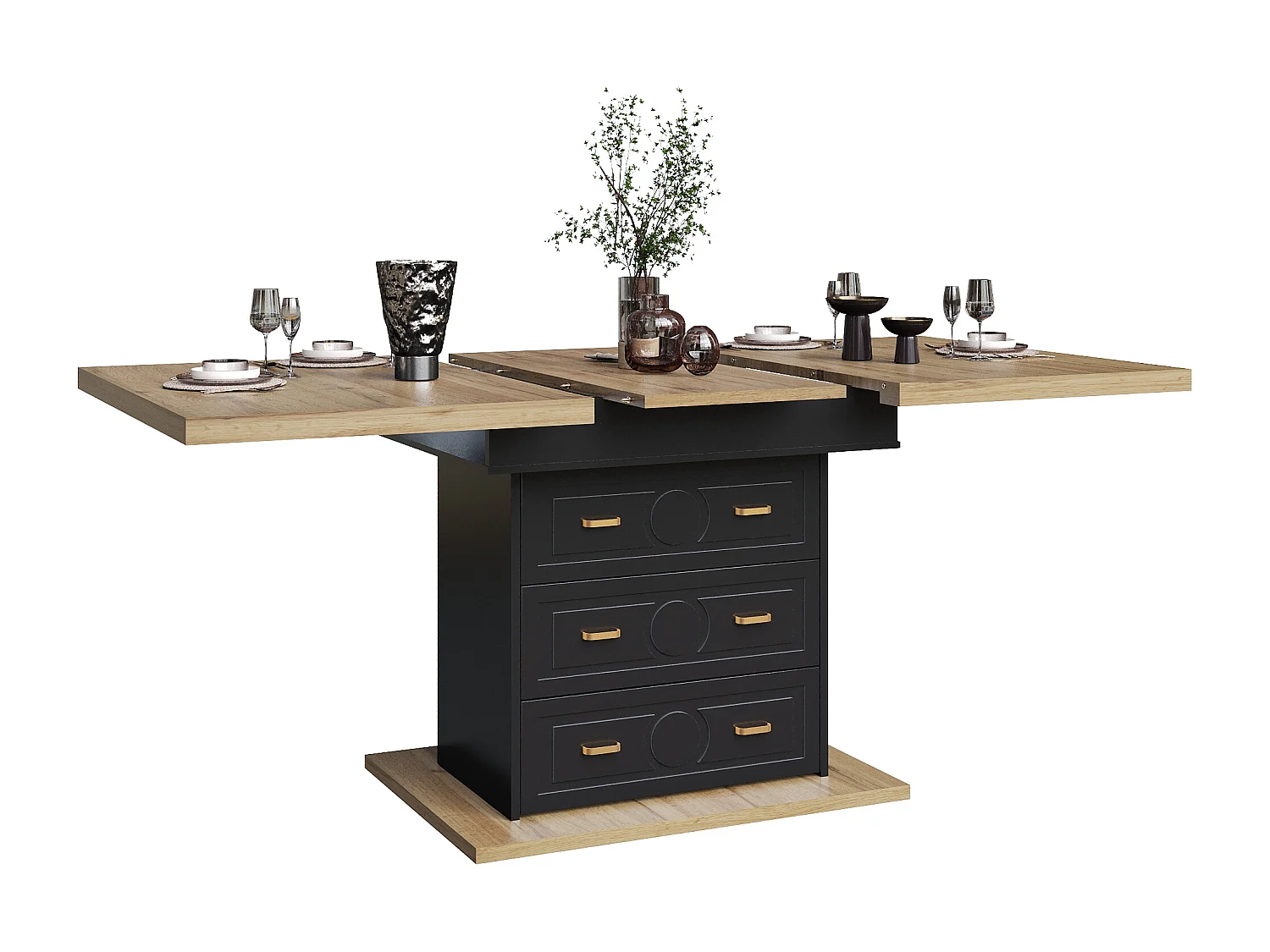 Table à manger extensible 110/140x80x75 cm - Pour 6 personnes - 1 porte - 2 tiroirs - MDF + métal - Noir