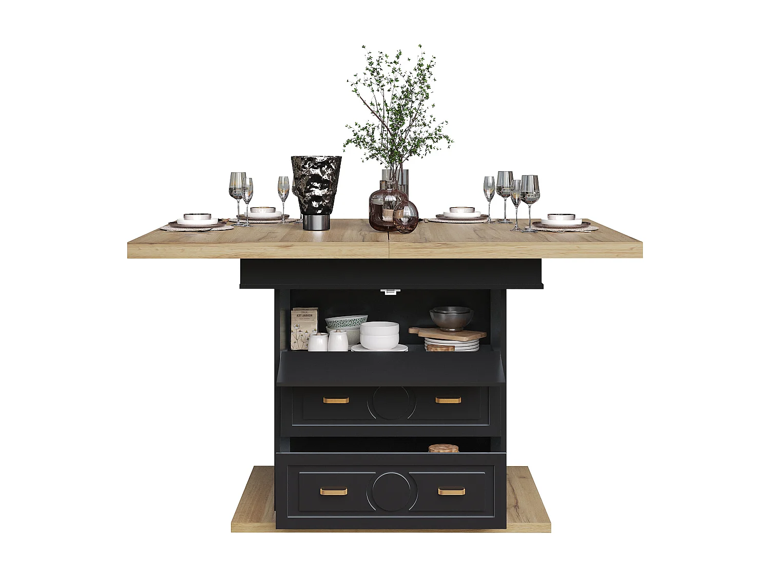 Table à manger extensible 110/140x80x75 cm - Pour 6 personnes - 1 porte - 2 tiroirs - MDF + métal - Noir