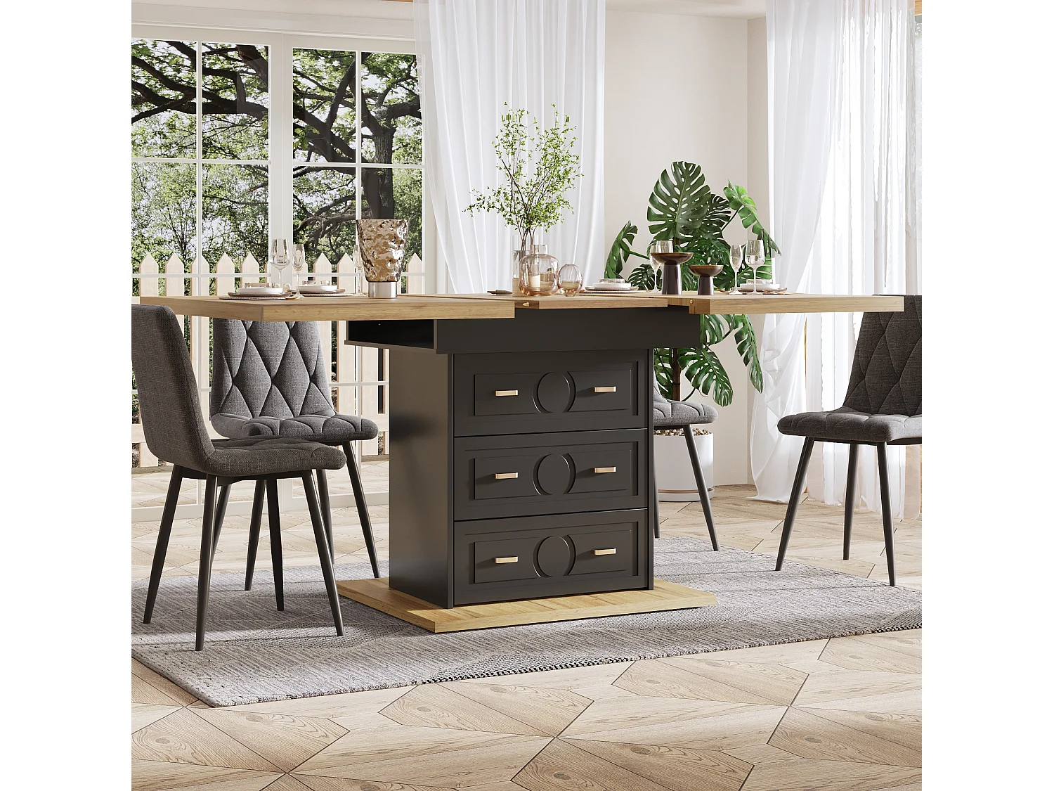 Table à manger extensible 110/140x80x75 cm - Pour 6 personnes - 1 porte - 2 tiroirs - MDF + métal - Noir