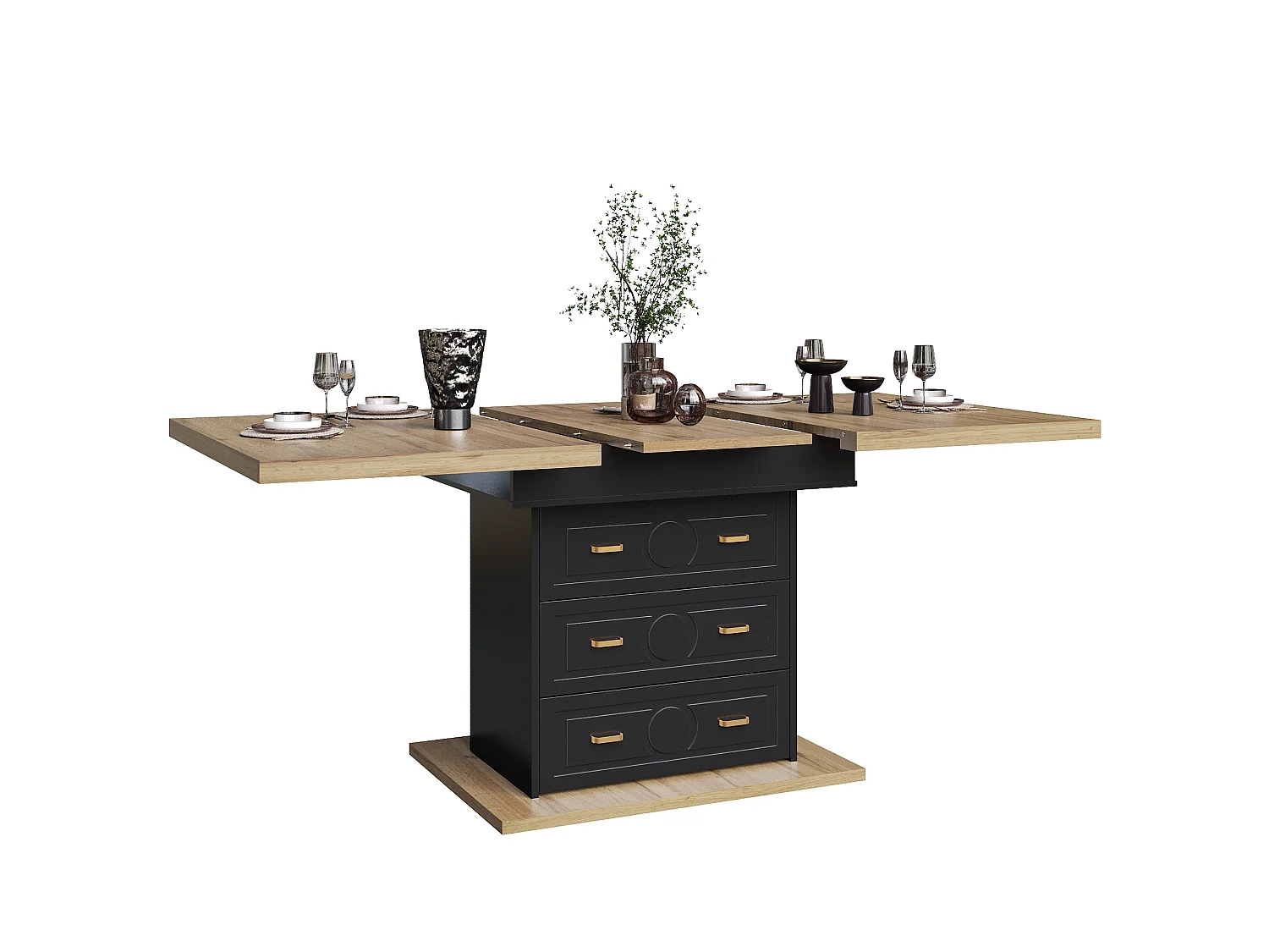 Utdragbart matbord 110/140x80x75 cm - Plats för 6 - 1 dörr - 2 lådor - MDF + Metall - Svart