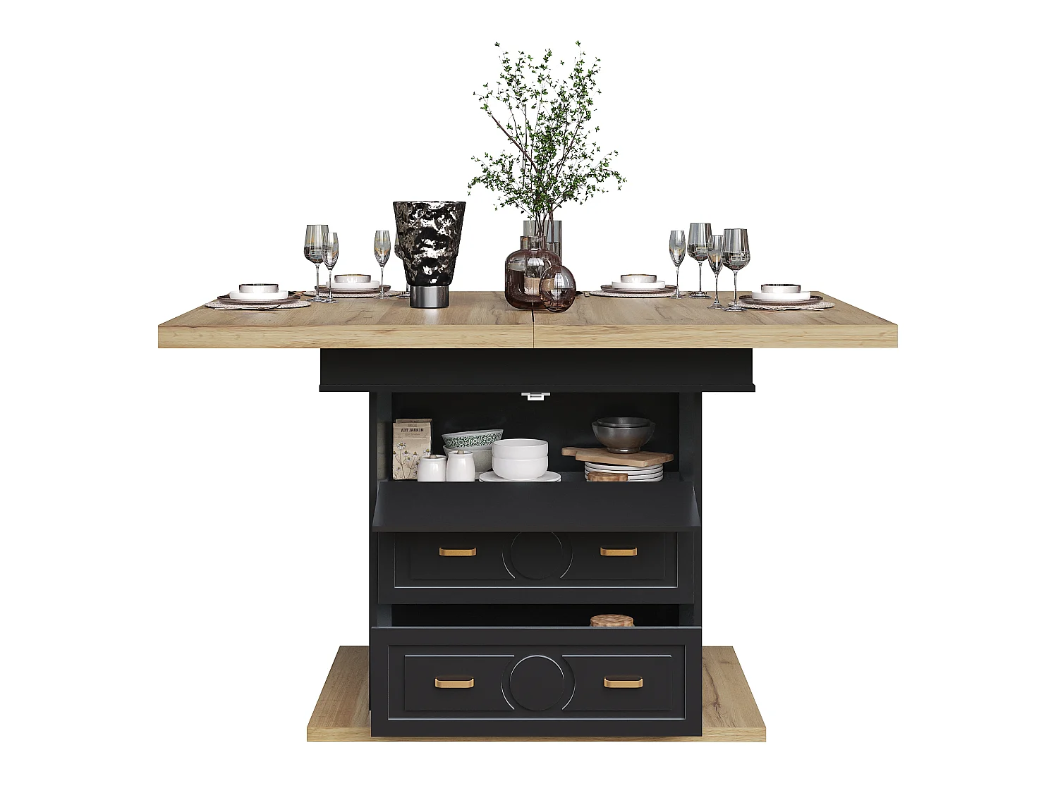 Utdragbart matbord 110/140x80x75 cm - Plats för 6 - 1 dörr - 2 lådor - MDF + Metall - Svart