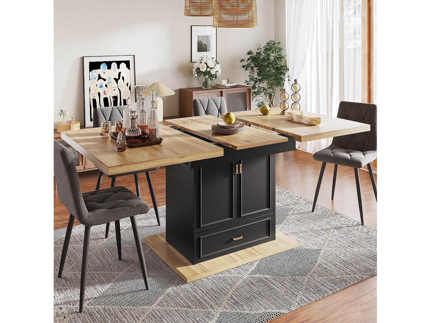 Table à manger extensible 110/140x80x75 cm - Pour 6 personnes - 2 portes - 1 tiroir - MDF + métal - Noir