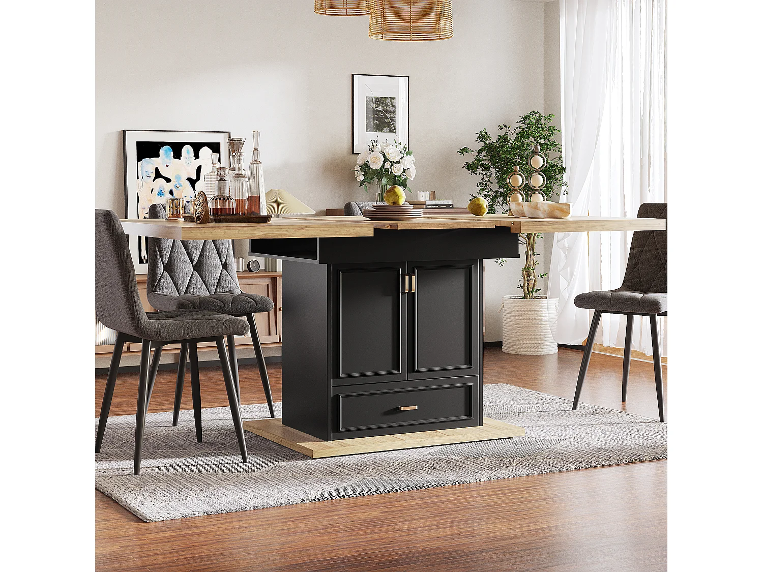 Table à manger extensible 110/140x80x75 cm - Pour 6 personnes - 2 portes - 1 tiroir - MDF + métal - Noir