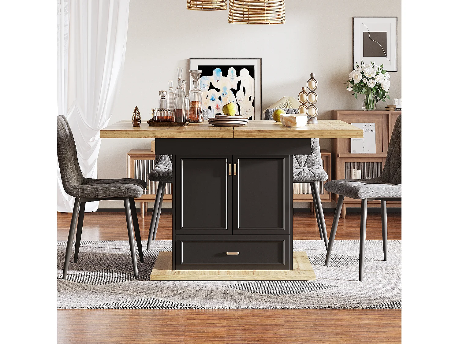 Table à manger extensible 110/140x80x75 cm - Pour 6 personnes - 2 portes - 1 tiroir - MDF + métal - Noir