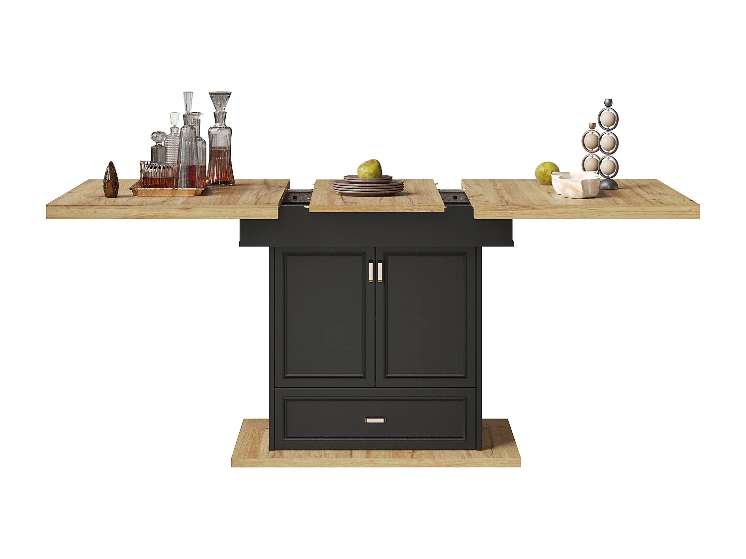 Table à manger extensible 110/140x80x75 cm - Pour 6 personnes - 2 portes - 1 tiroir - MDF + métal - Noir