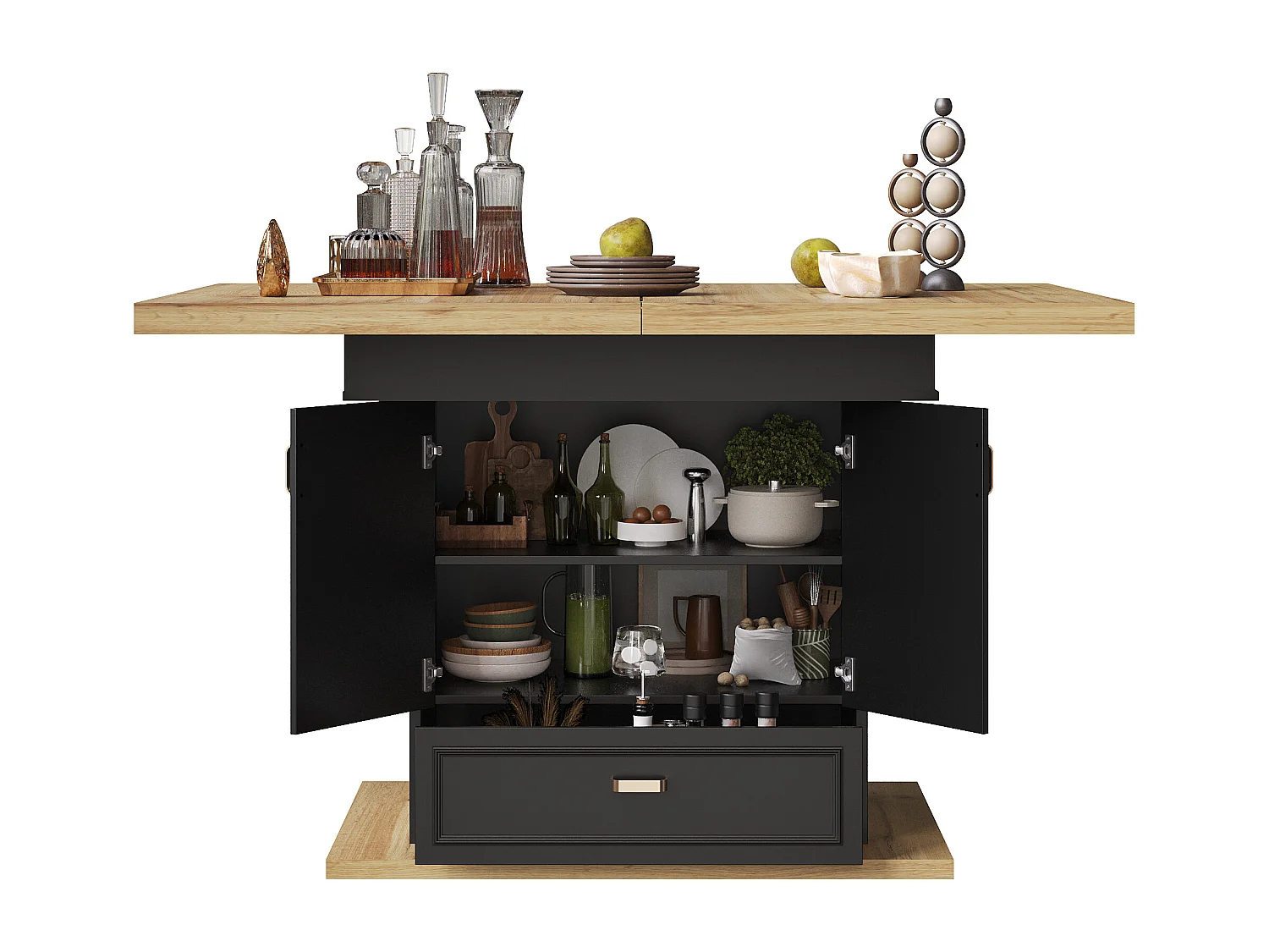 Table à manger extensible 110/140x80x75 cm - Pour 6 personnes - 2 portes - 1 tiroir - MDF + métal - Noir