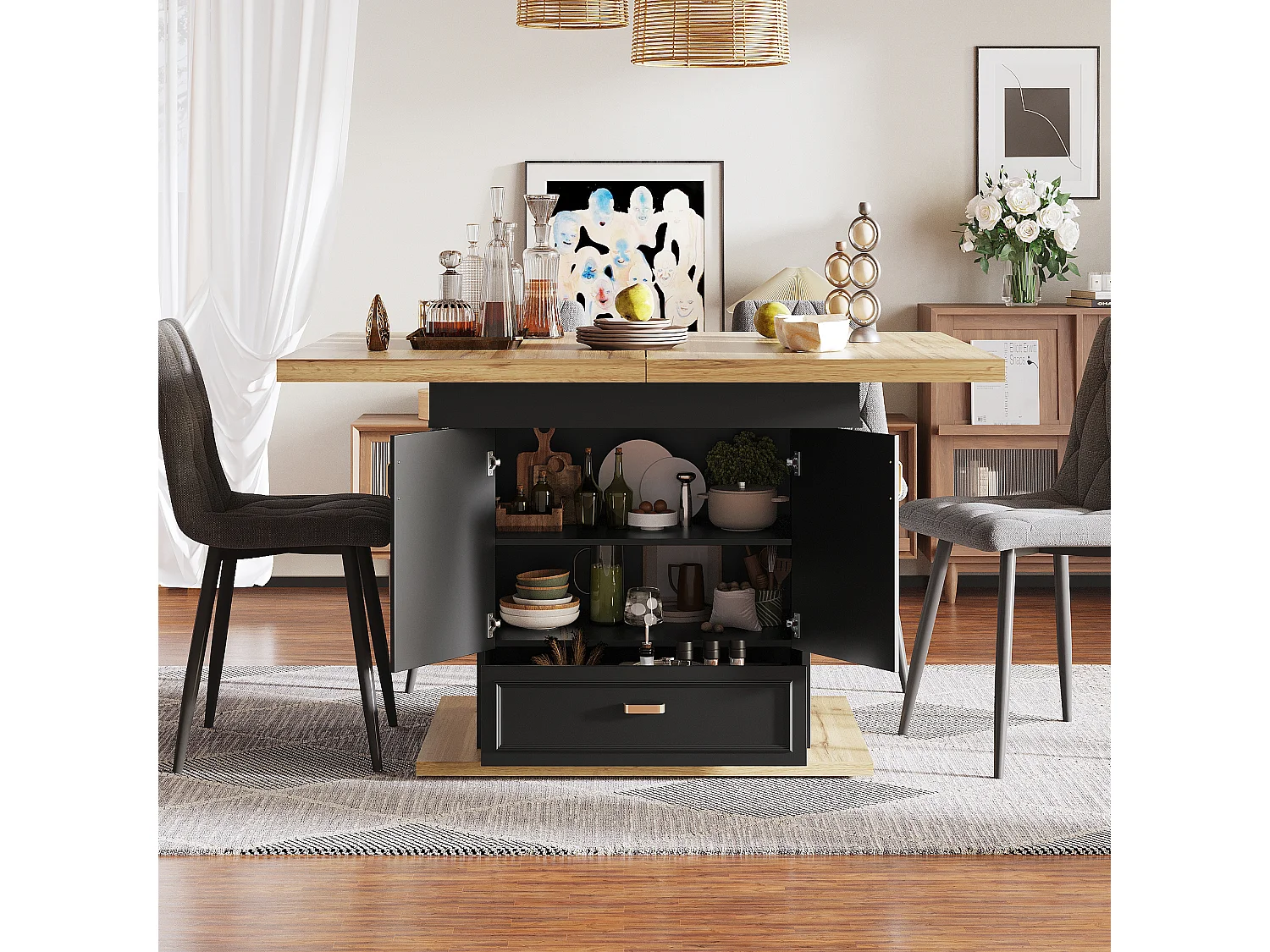 Table à manger extensible 110/140x80x75 cm - Pour 6 personnes - 2 portes - 1 tiroir - MDF + métal - Noir