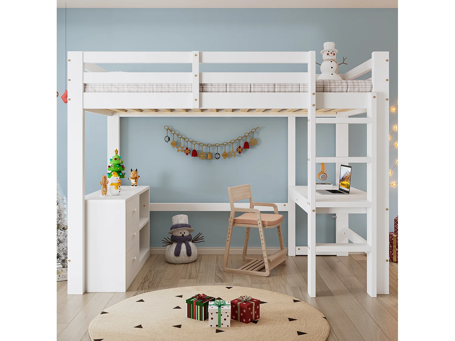 Lit mezzanine 90x200 cm - avec bureau et étagère de rangement - avec 3 tiroirs - bois massif + MDF - Blanc (sans matelas)