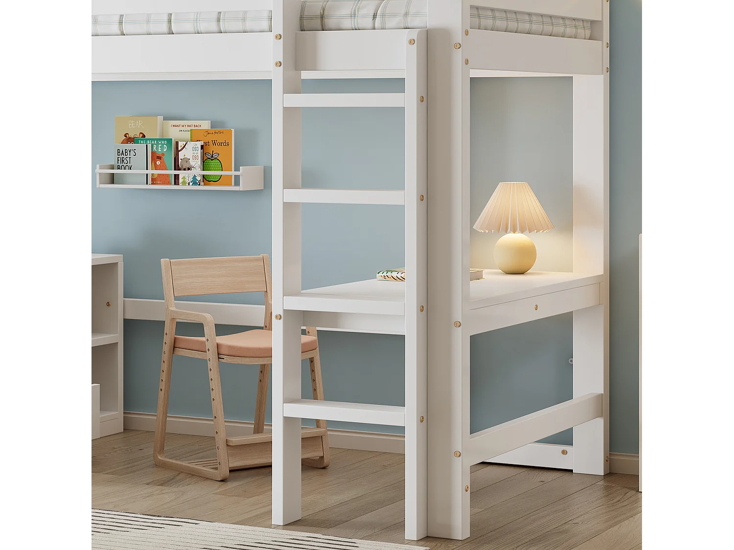 Lit mezzanine 90x200 cm - avec bureau et étagère de rangement - avec 3 tiroirs - bois massif + MDF - Blanc (sans matelas)