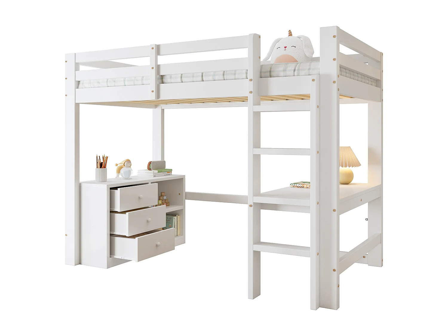 Lit mezzanine 90x200 cm - avec bureau et étagère de rangement - avec 3 tiroirs - bois massif + MDF - Blanc (sans matelas)