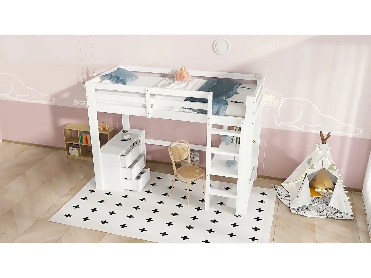 Hochbett 90x200 cm - mit Schreibtisch und Ablagefach - mit 3 Schubladen - Massivholz + MDF - Weiß (ohne Matratze)