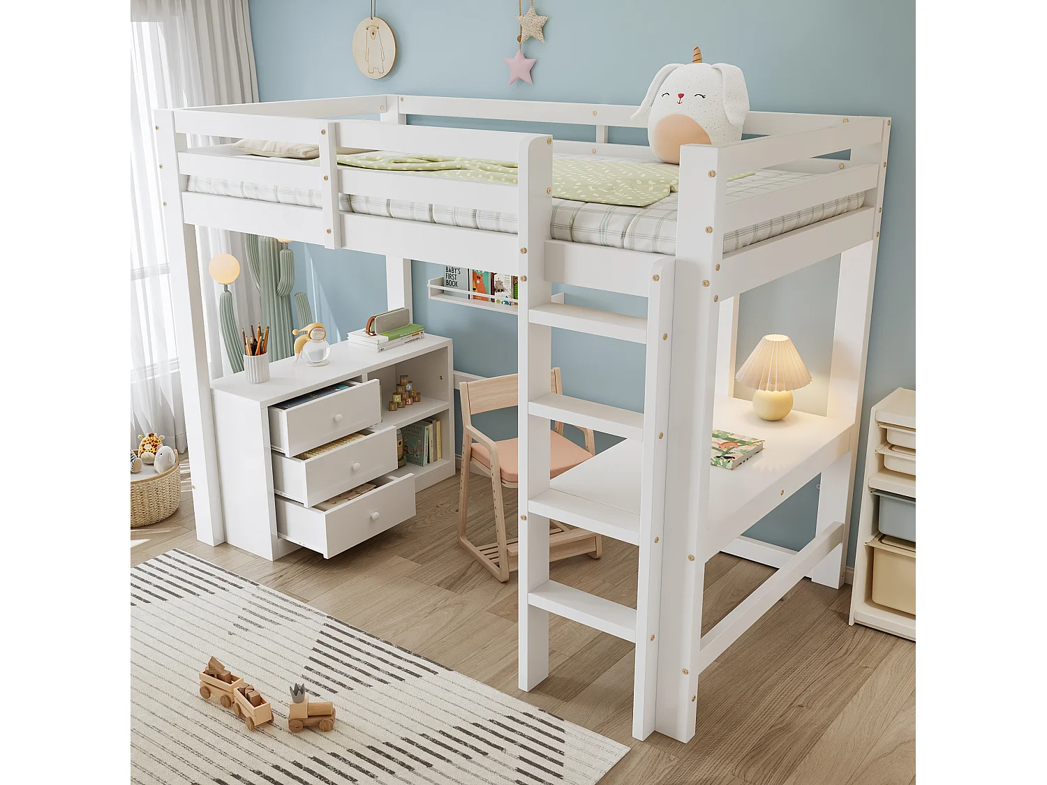 Hochbett 90x200 cm - mit Schreibtisch und Ablagefach - mit 3 Schubladen - Massivholz + MDF - Weiß (ohne Matratze)