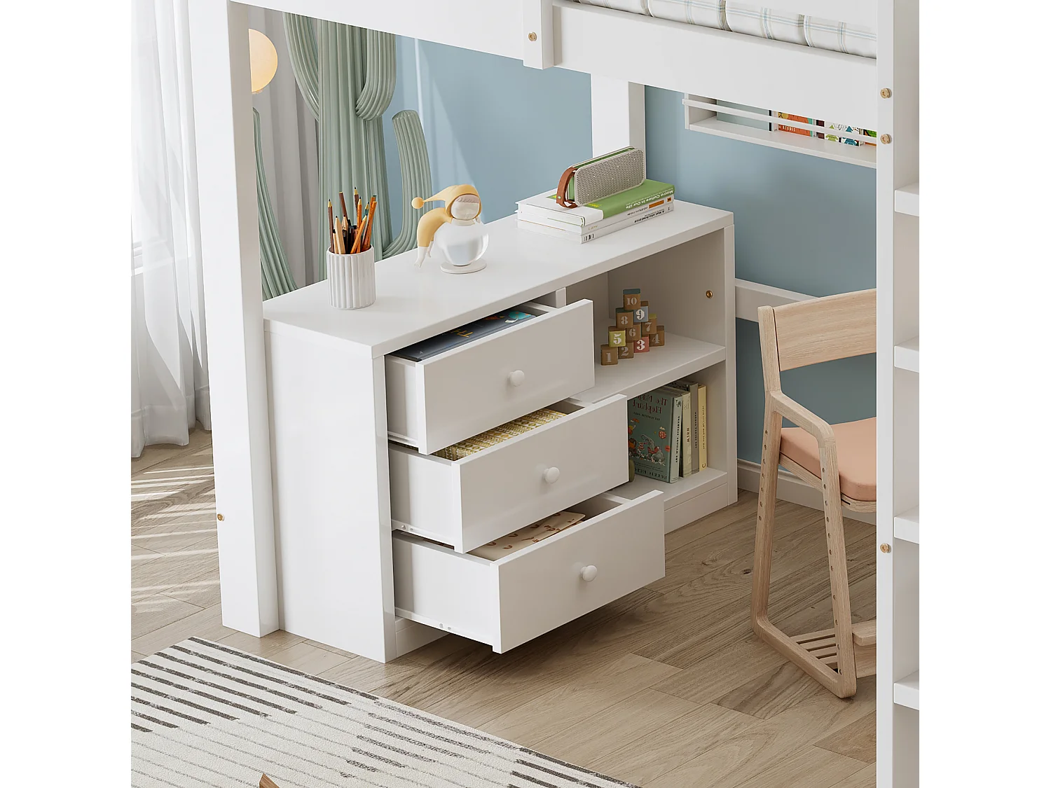 Hochbett 90x200 cm - mit Schreibtisch und Ablagefach - mit 3 Schubladen - Massivholz + MDF - Weiß (ohne Matratze)