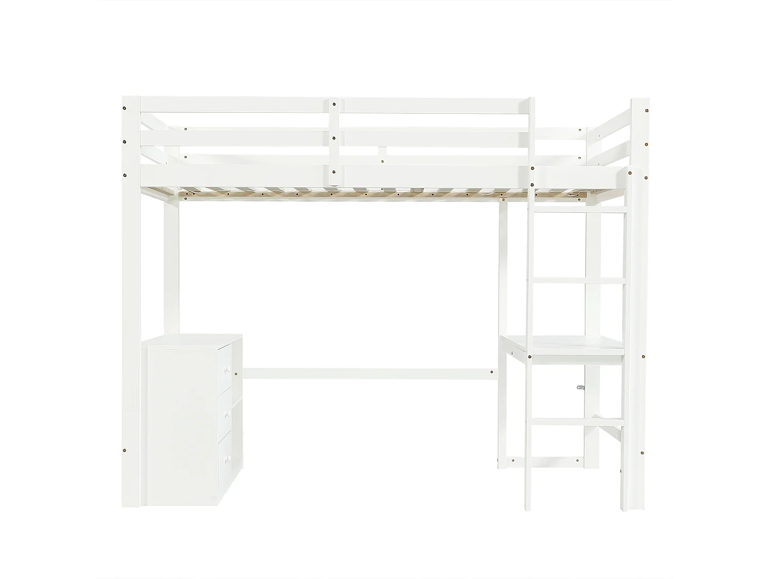 Hochbett 90x200 cm - mit Schreibtisch und Ablagefach - mit 3 Schubladen - Massivholz + MDF - Weiß (ohne Matratze)