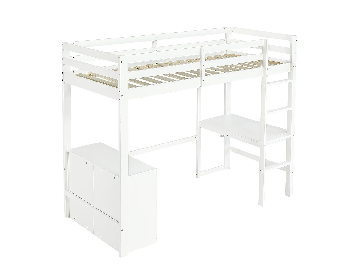 Hochbett 90x200 cm - mit Schreibtisch und Ablagefach - mit 3 Schubladen - Massivholz + MDF - Weiß (ohne Matratze)