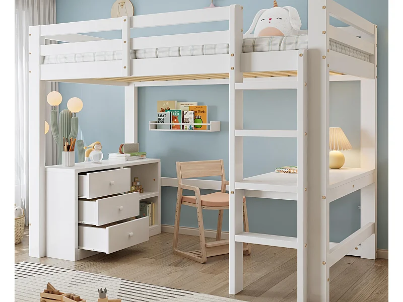 Letto soppalcato 90x200 cm - con scrivania e ripiano di riporre - con 3 cassetti - legno massello + MDF - Bianco (senza materasso)