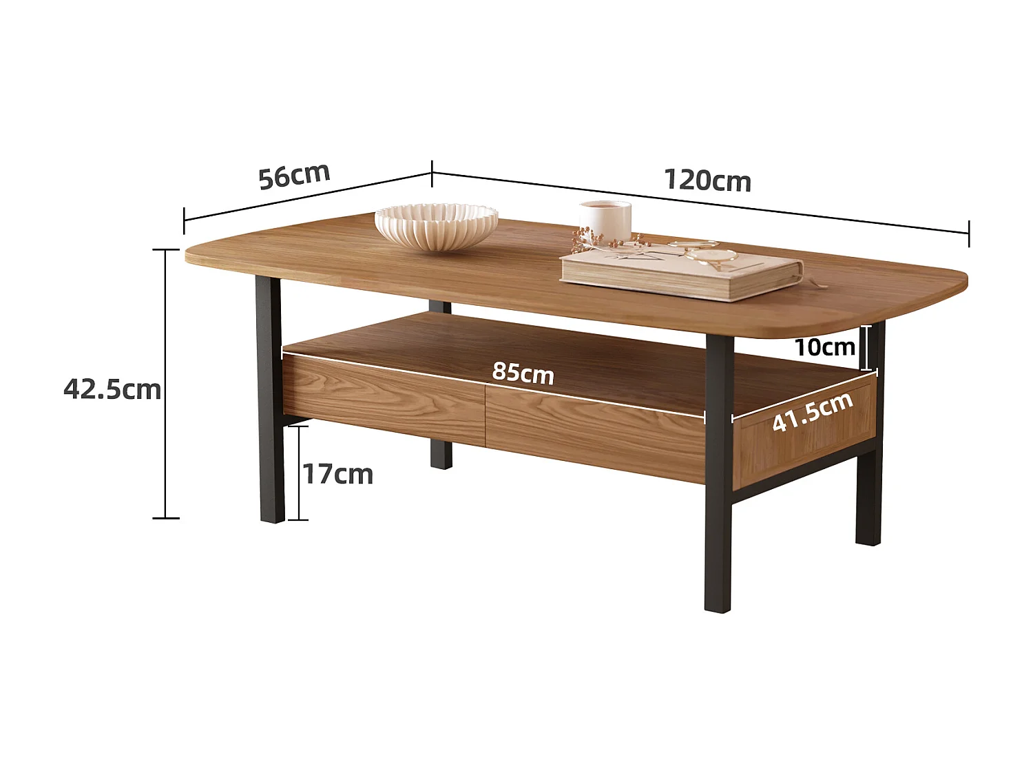 Table Basse en Noyer avec Grand Espace de Rangement et Pieds en métal, 120x56x42,5 cm, Table de Salon Vintage, Petite Table Basse Facile à Entretenir pour Salon, Bu