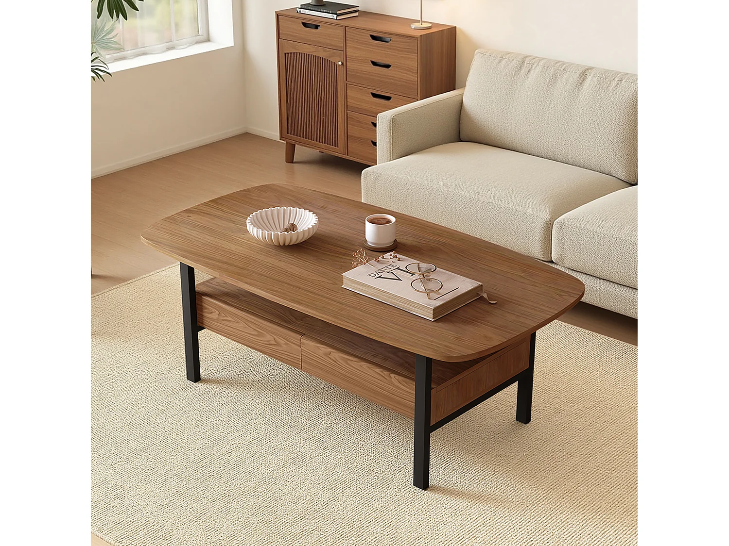 Table Basse en Noyer avec Grand Espace de Rangement et Pieds en métal, 120x56x42,5 cm, Table de Salon Vintage, Petite Table Basse Facile à Entretenir pour Salon, Bu