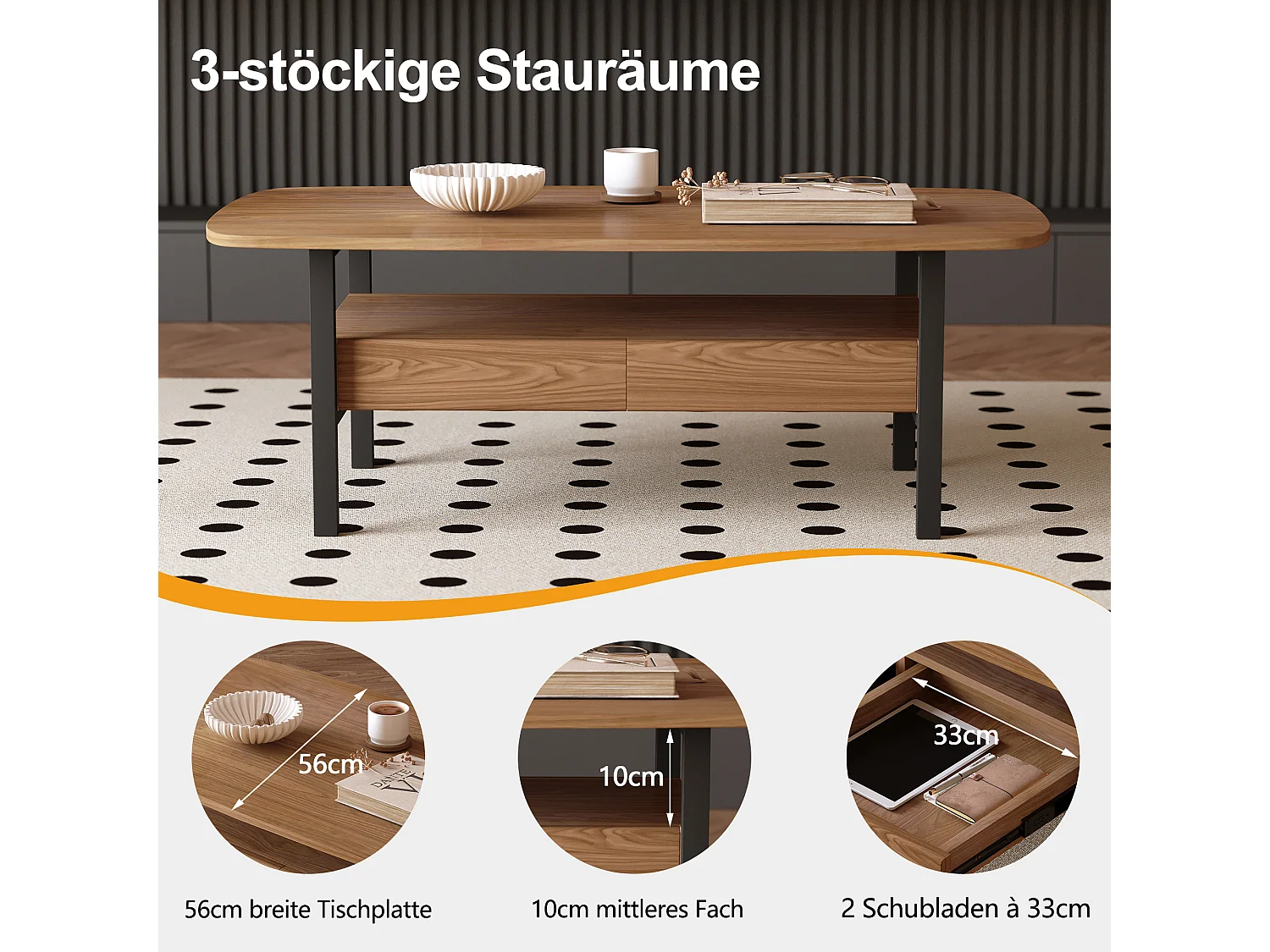 Table Basse en Noyer avec Grand Espace de Rangement et Pieds en métal, 120x56x42,5 cm, Table de Salon Vintage, Petite Table Basse Facile à Entretenir pour Salon, Bu