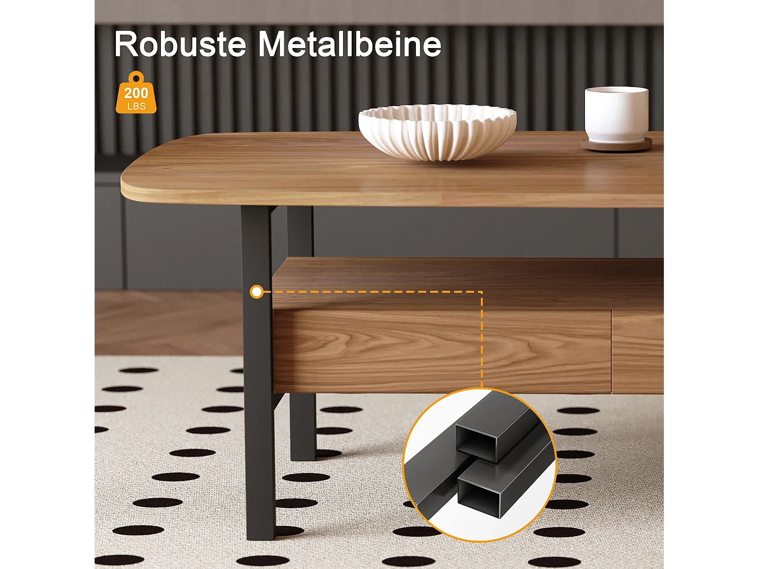 Table Basse en Noyer avec Grand Espace de Rangement et Pieds en métal, 120x56x42,5 cm, Table de Salon Vintage, Petite Table Basse Facile à Entretenir pour Salon, Bu