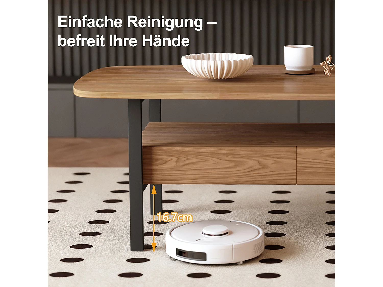 Table Basse en Noyer avec Grand Espace de Rangement et Pieds en métal, 120x56x42,5 cm, Table de Salon Vintage, Petite Table Basse Facile à Entretenir pour Salon, Bu