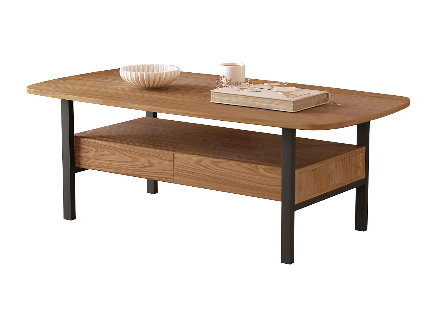 Table Basse en Noyer avec Grand Espace de Rangement et Pieds en métal, 120x56x42,5 cm, Table de Salon Vintage, Petite Table Basse Facile à Entretenir pour Salon, Bu