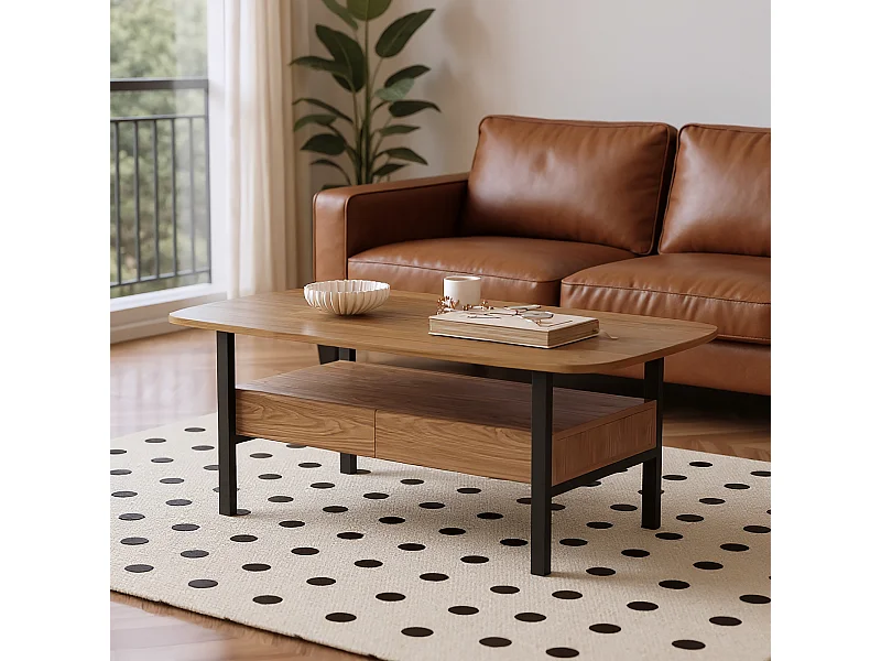 Table Basse en Noyer avec Grand Espace de Rangement et Pieds en métal, 120x56x42,5 cm, Table de Salon Vintage, Petite Table Basse Facile à Entretenir pour Salon, Bu