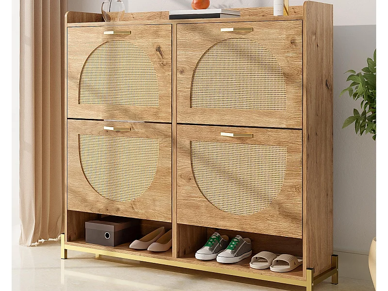 Meuble à chaussures 108.5x24x100 cm - 4 portes en rotin - Structure en métal - MDF - Naturel