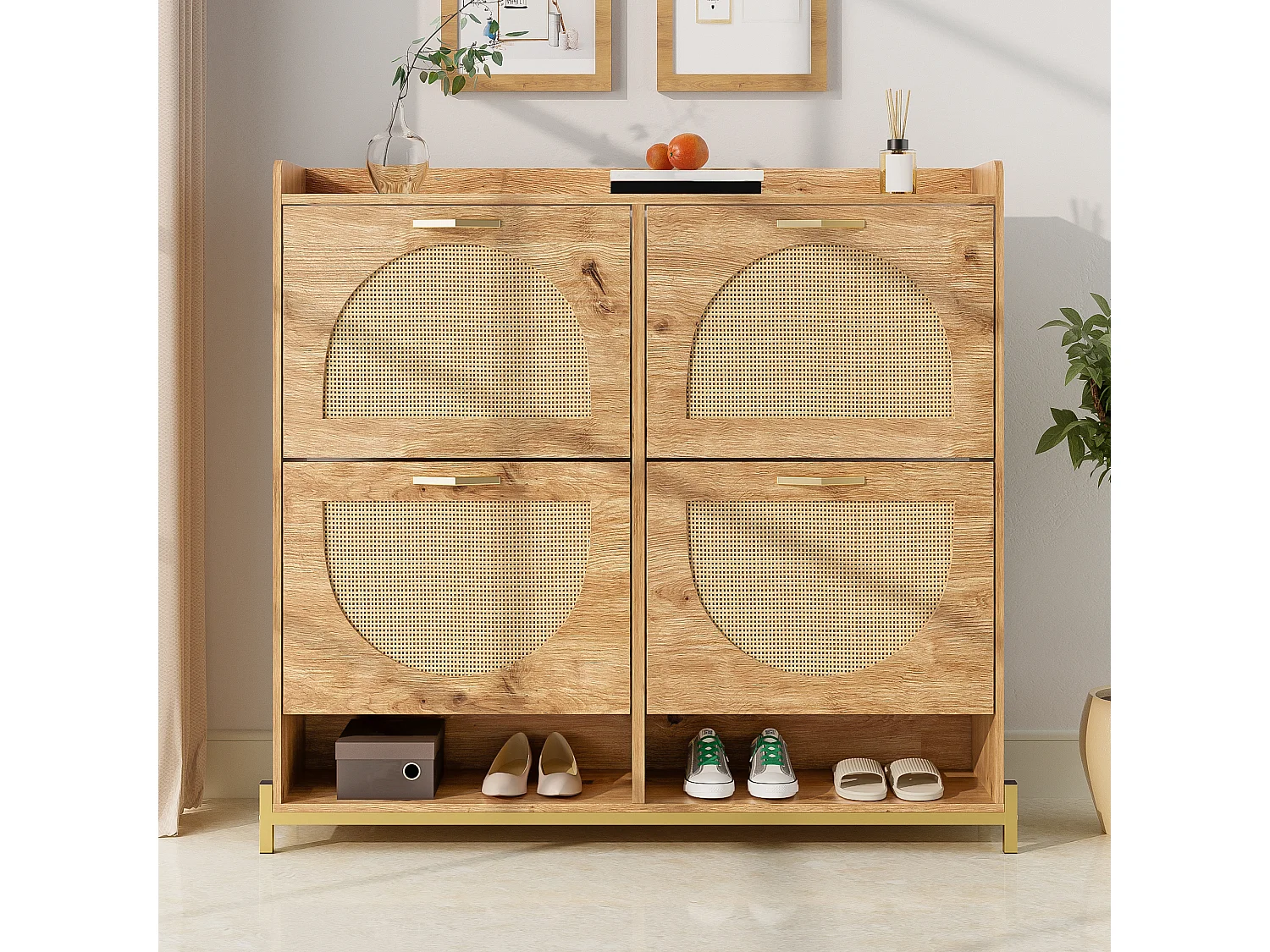 Mobile porta scarpe 108.5x24x100 cm - 4 ante in rattan - Struttura in metallo - MDF - Naturale