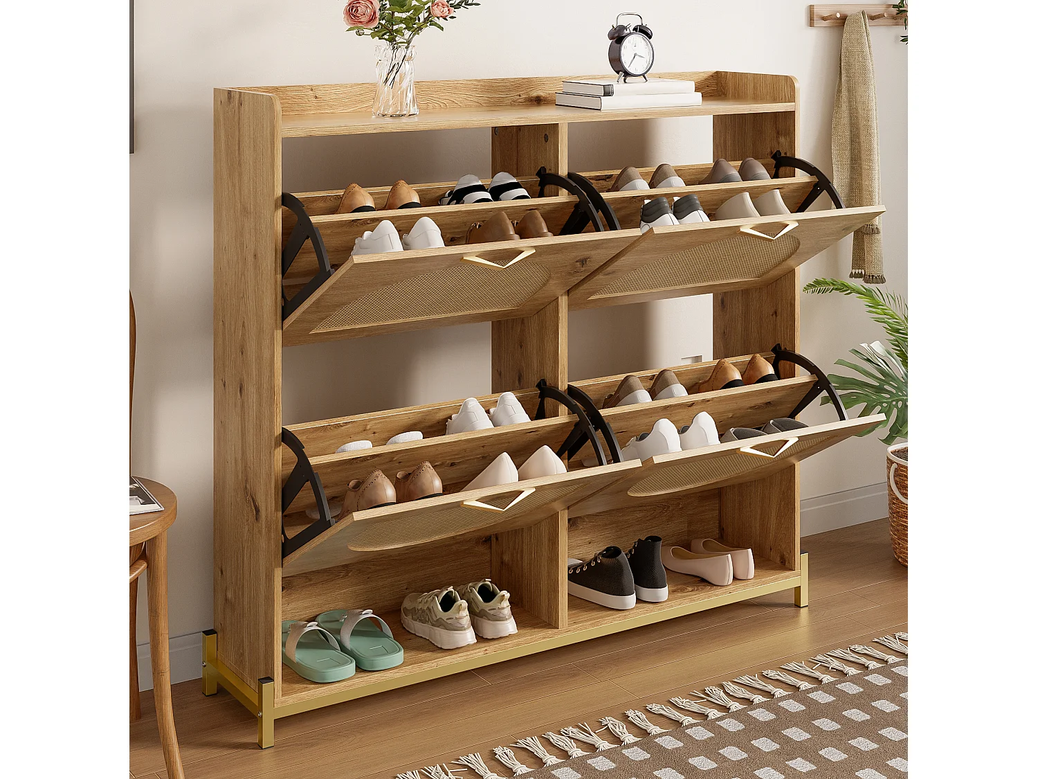 Mobile porta scarpe 108.5x24x100 cm - 4 ante in rattan - Struttura in metallo - MDF - Naturale