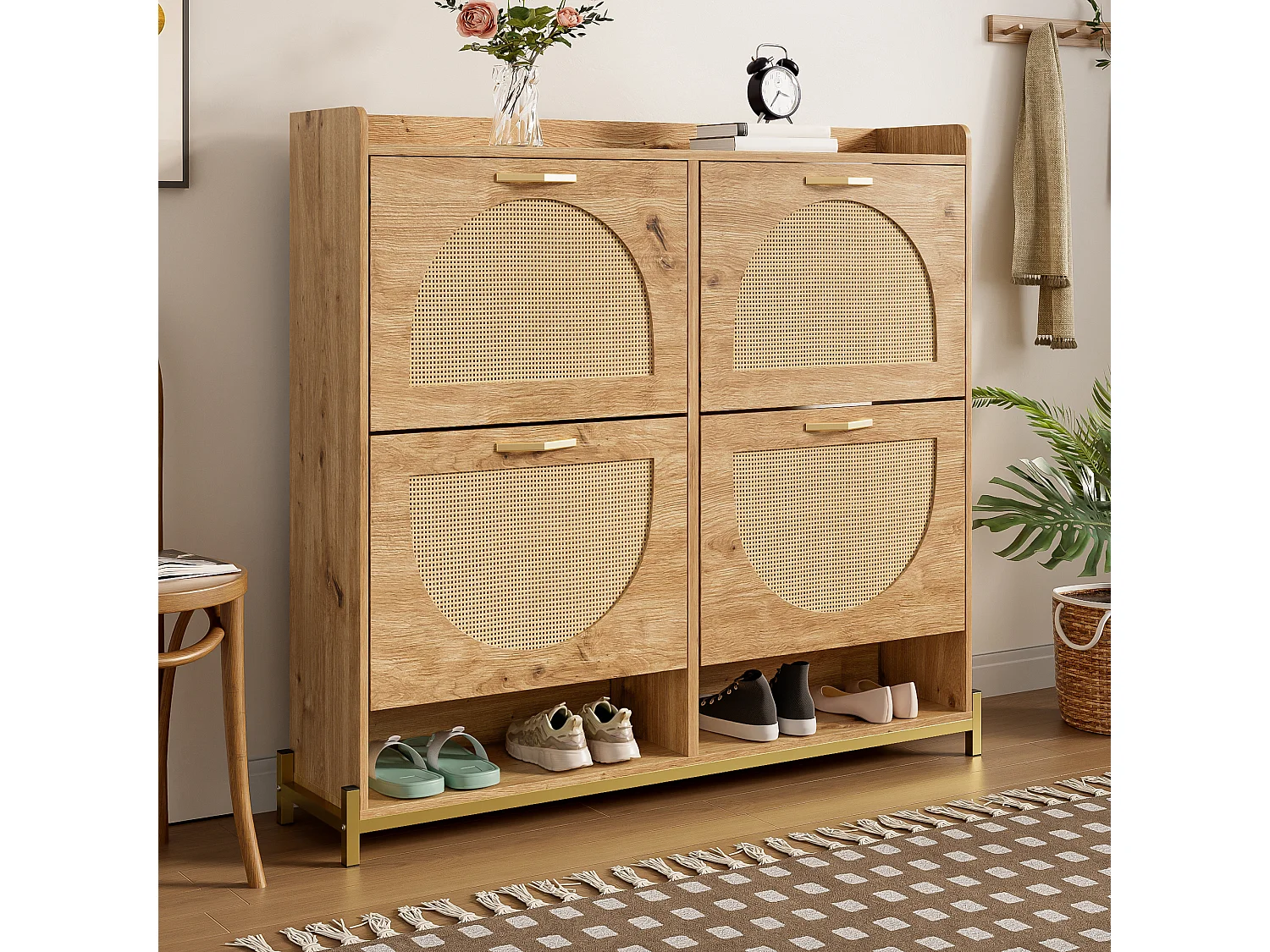 Mobile porta scarpe 108.5x24x100 cm - 4 ante in rattan - Struttura in metallo - MDF - Naturale