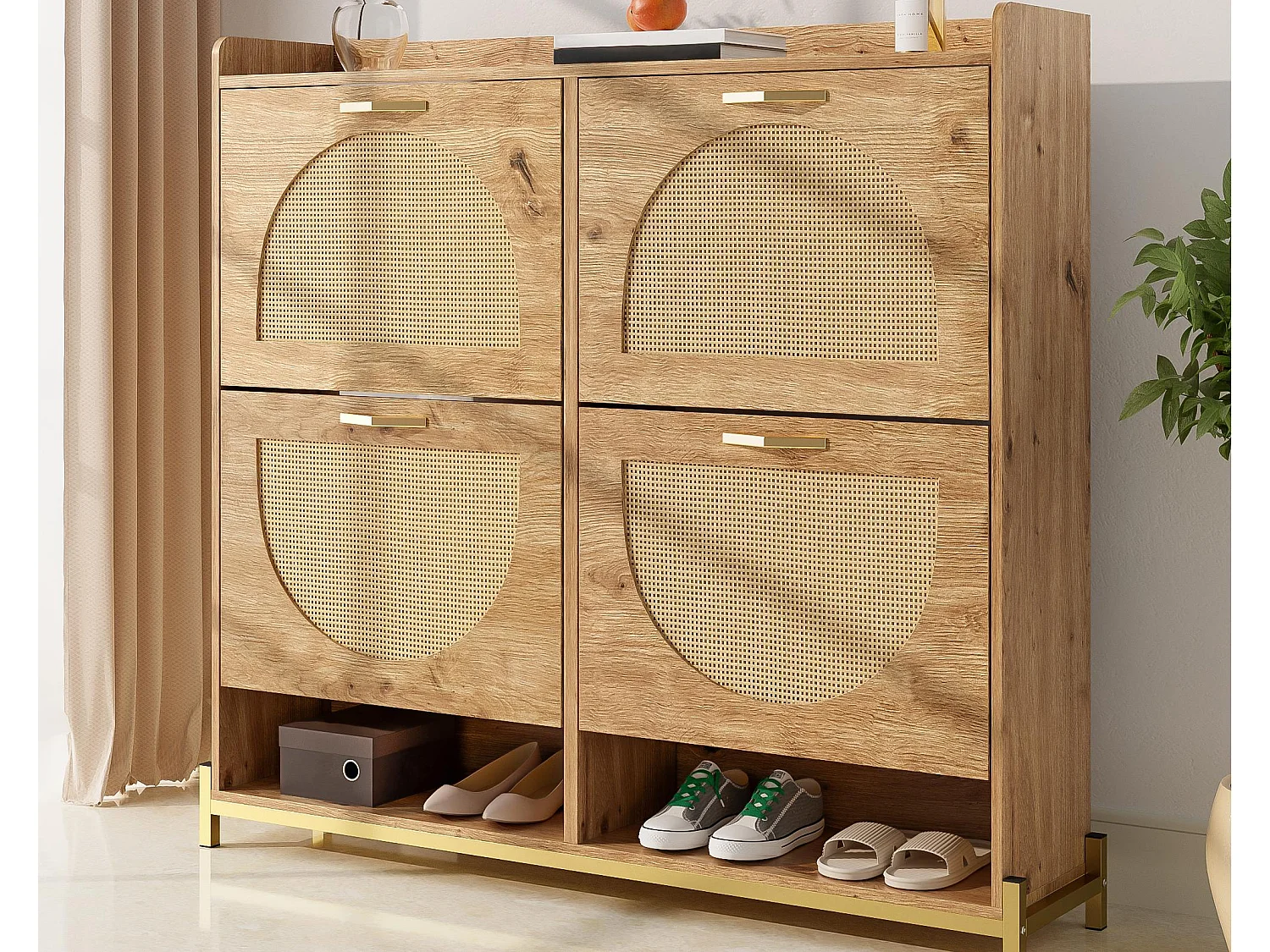 Schuhschrank 108.5x24x100 cm - 4 Rattan-Türen - Metallgestell - MDF - Natur