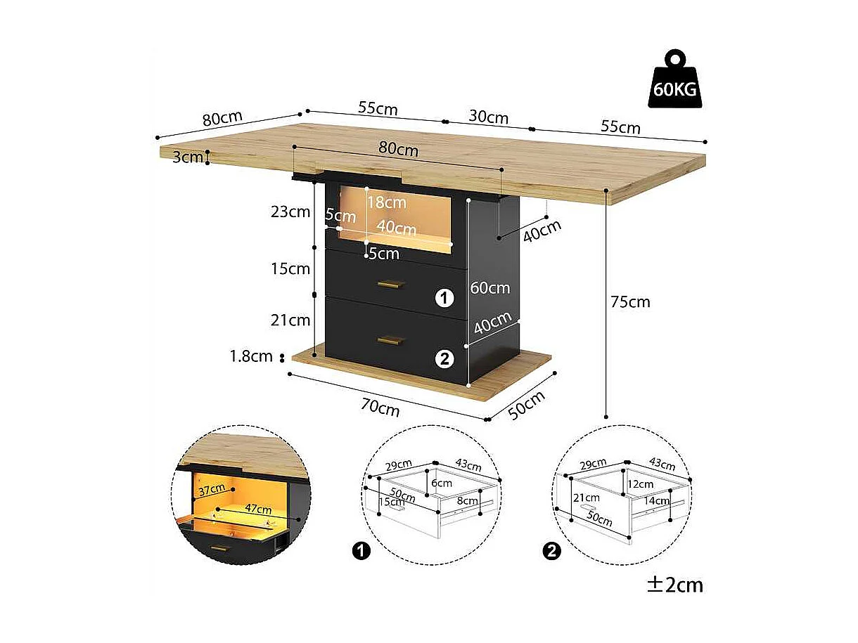 Table à manger extensible 110/140x80x75 cm - avec LED - Pour 6 personnes - 1 porte - 2 tiroirs - MDF + métal - Noir