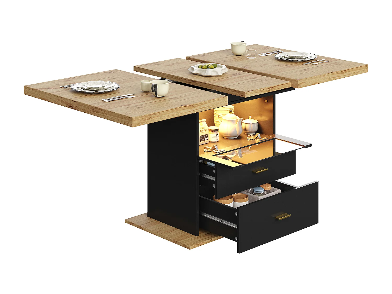 Table à manger extensible 110/140x80x75 cm - avec LED - Pour 6 personnes - 1 porte - 2 tiroirs - MDF + métal - Noir
