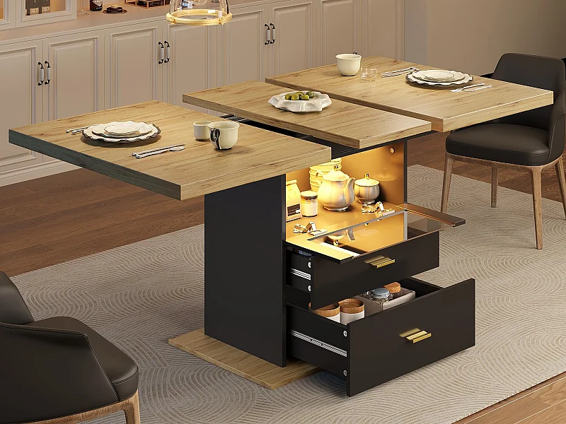 Tavolo da pranzo estensibile 110/140x80x75 cm - con illuminazione LED - Per 6 persone - 1 anta - 2 cassetti - MDF + metallo - Nero