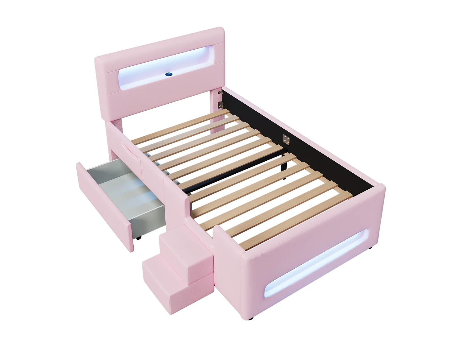 Lit simple rembourré 90x200 cm - avec lumière LED - avec escalier - 1 tiroir et sac de rangement - Rose (matelas non inclus)