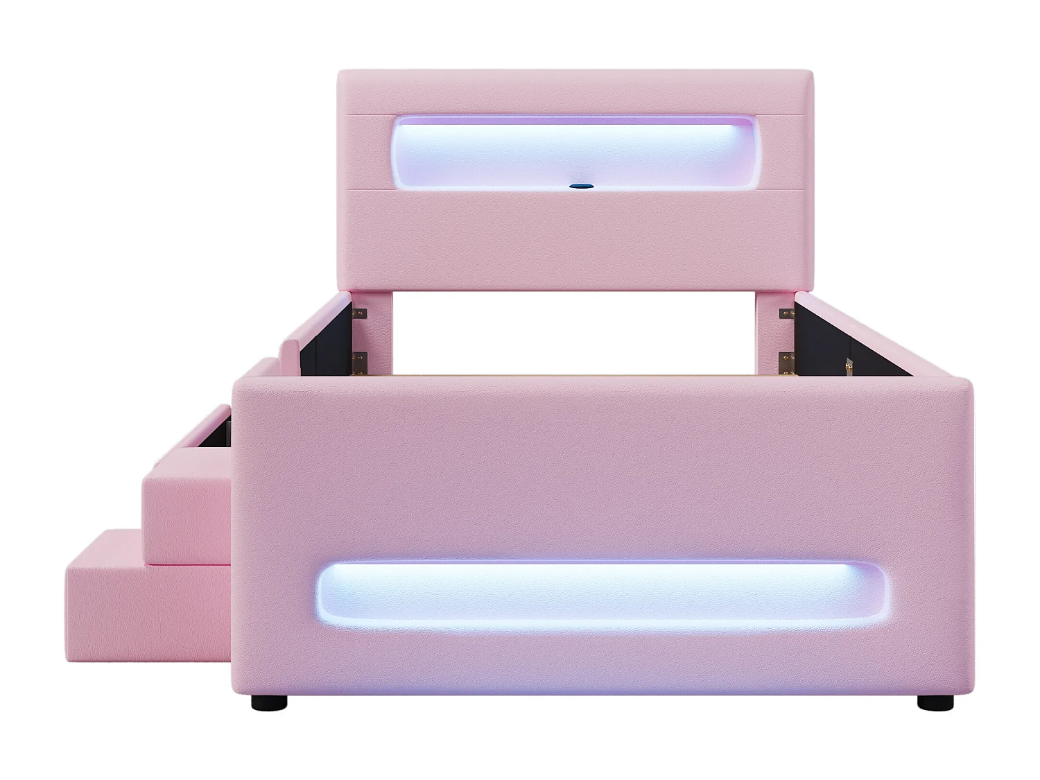 Gepolstertes Einzelbett 90x200 cm - mit LED-Beleuchtung - mit Treppe - 1 Schublade und Aufbewahrungstasche - Rosa​ (Matratze nicht inbegriffen)
