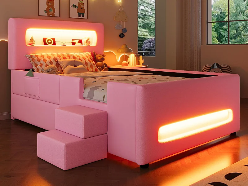 Letto singolo imbottito 90x200 cm - con illuminazione LED - con scala - 1 cassetto e sacco di riporre - Rosa​ (materasso non incluso)