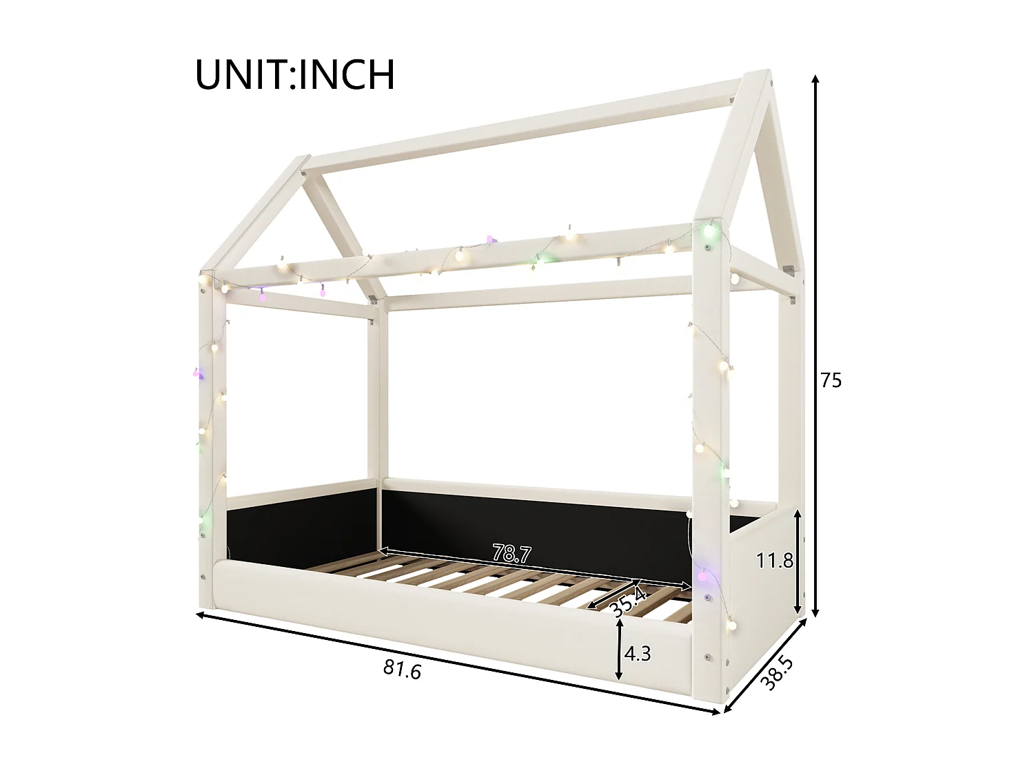 Lit cabane 90x200cm - avec bande lumineuse LED - Design toit - MDF - Beige (matelas non inclus)