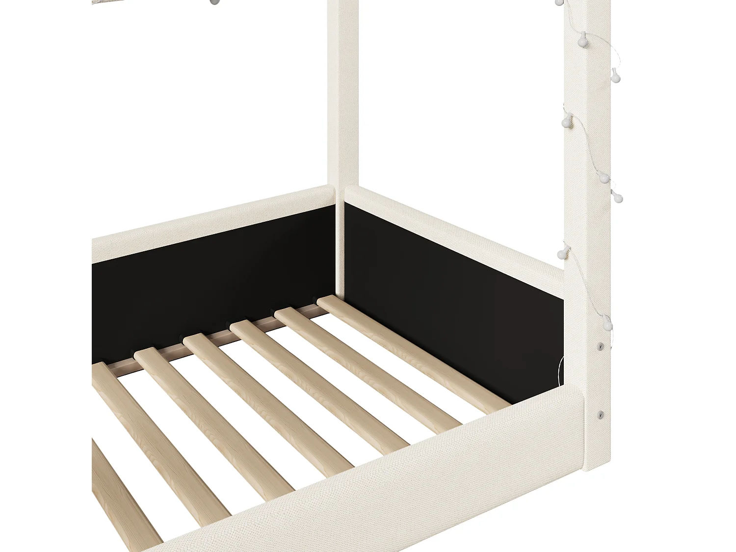 Lit cabane 90x200cm - avec bande lumineuse LED - Design toit - MDF - Beige (matelas non inclus)