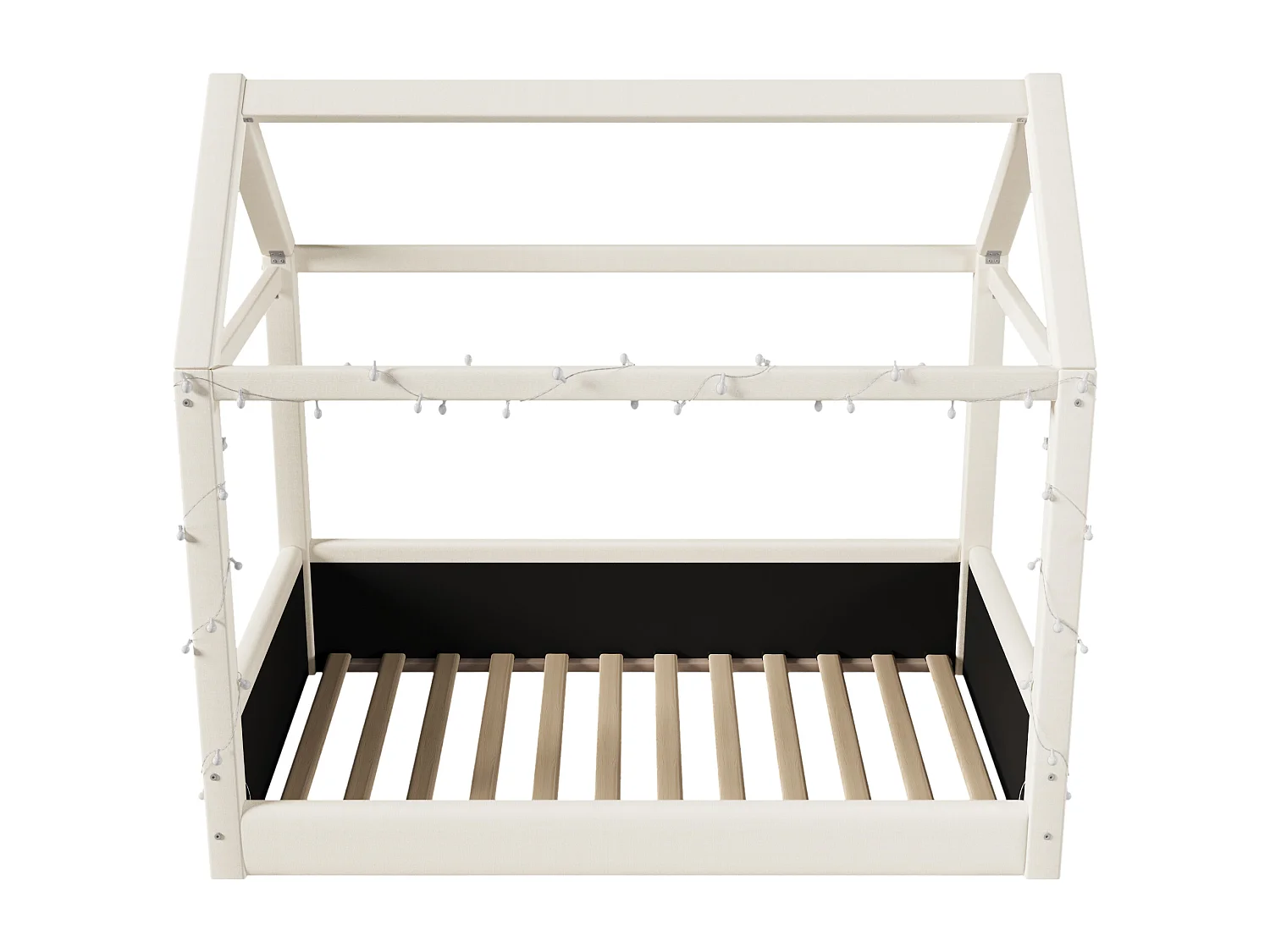 Lit cabane 90x200cm - avec bande lumineuse LED - Design toit - MDF - Beige (matelas non inclus)