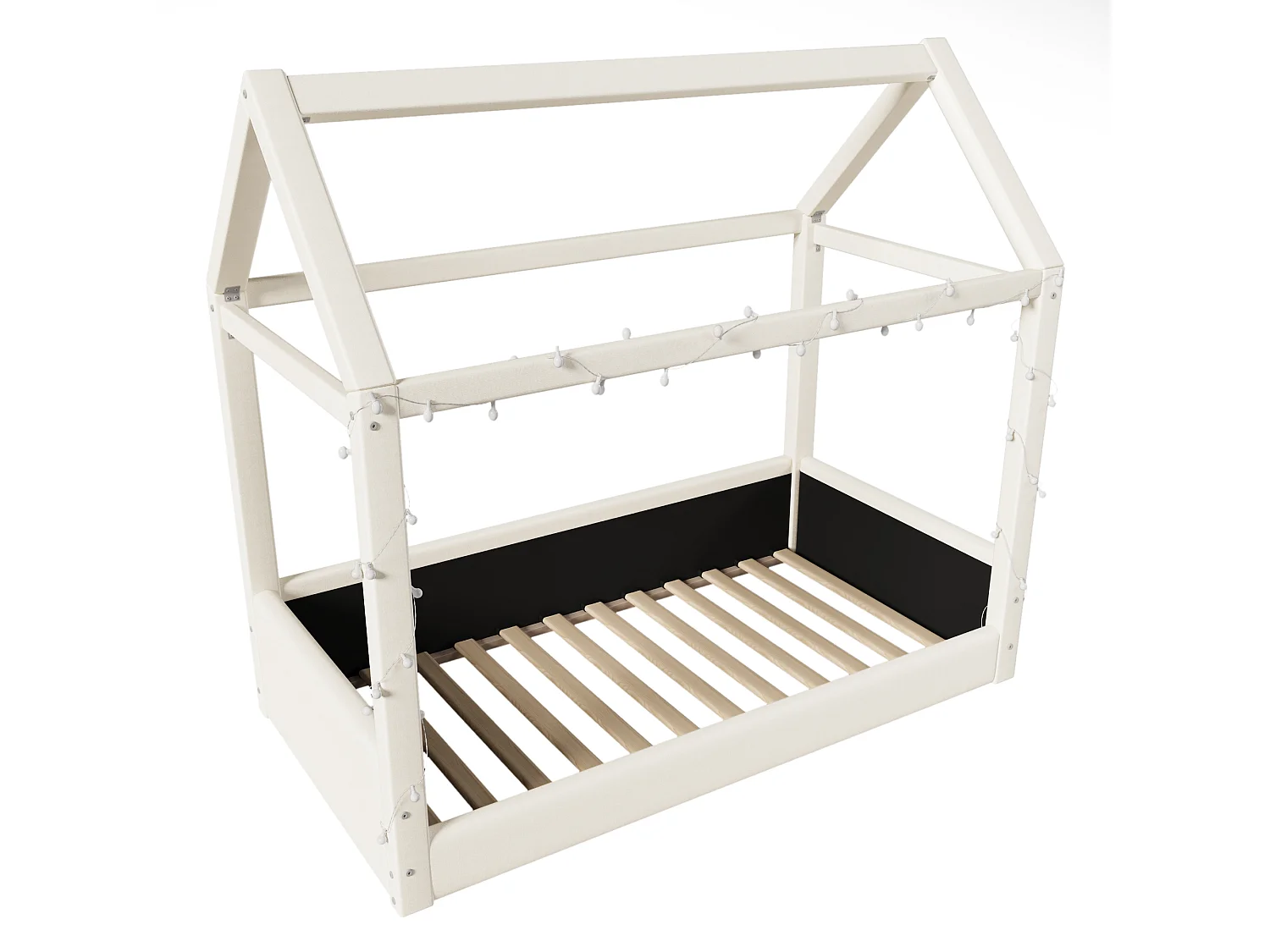 Lit cabane 90x200cm - avec bande lumineuse LED - Design toit - MDF - Beige (matelas non inclus)